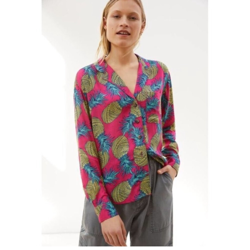 Anthropologie Janine Lecour Pink Pineapple Button down Size XS